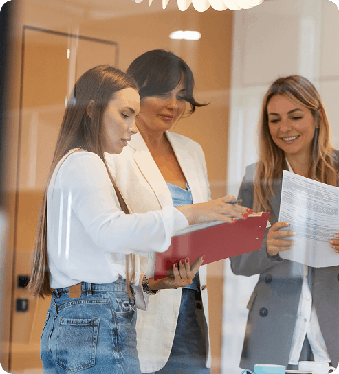 Business team reviewing documents together